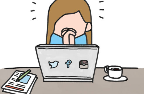 Cartoon of girl anxious while on social media