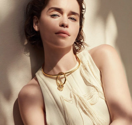 Emilia Clarke wears Marina Moscone dress and Bottega Veneta necklace