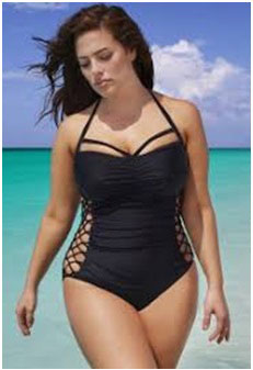 pear shaped woman wearing a one piece swimsuit