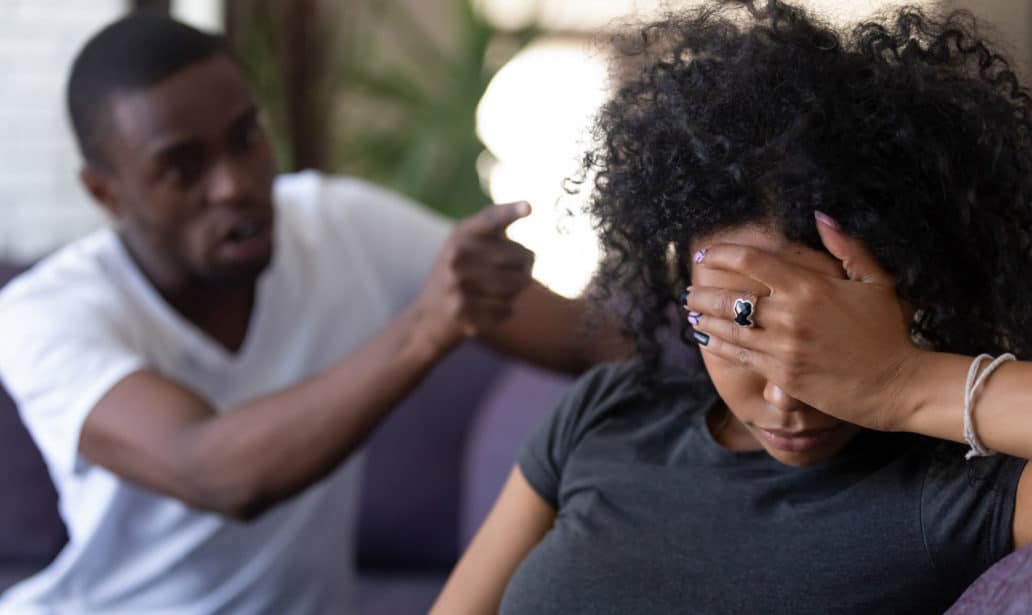 Tired Frustrated African Wife Ignoring Angry Stock Photo