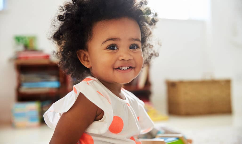 Happy Baby Girl Playing Toys Playroom Stock Photo