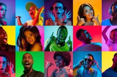 Close up portrait of young people in neon light. Human emotions, facial expression. People, astonished, screaming and crazy in happiness. Creative bright collage made of different photos of 17 models.