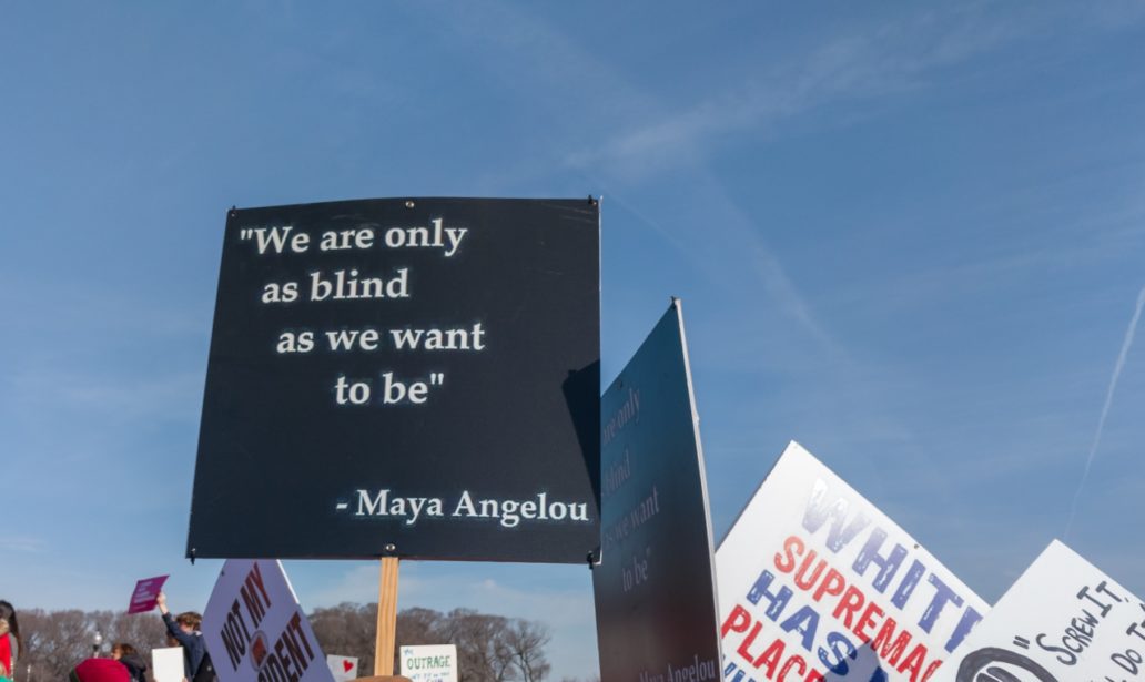 A protester carries a sign about racism. Maya Angelou quote, "We are only as blind as we want to be." at Women's March in Grant Park, Chicago on January 20, 2018.