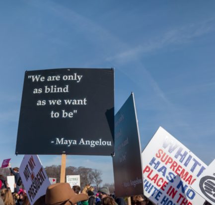 A protester carries a sign about racism. Maya Angelou quote, "We are only as blind as we want to be." at Women's March in Grant Park, Chicago on January 20, 2018.