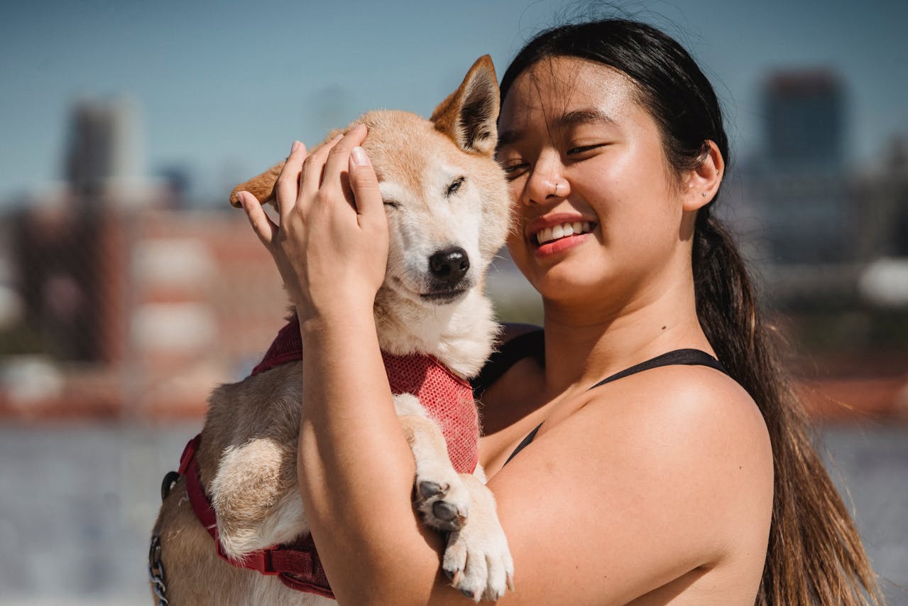 smiling woman hugging dog in sunlight