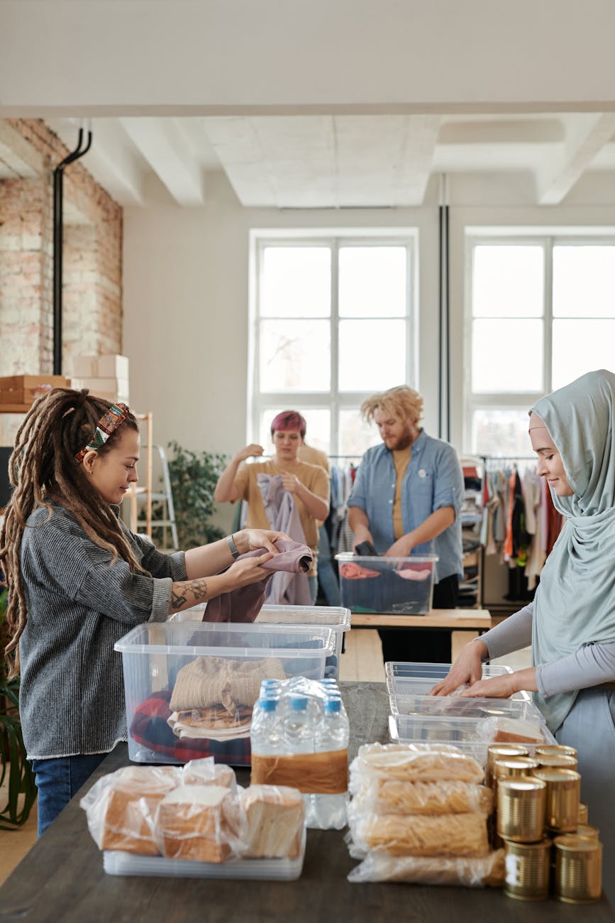 people sorting donations